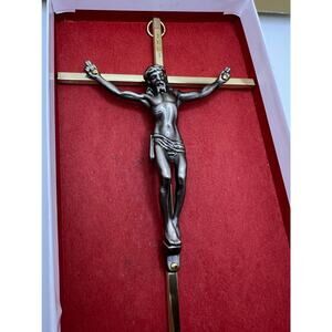 Vintage INRI Bronze Wall Crucifix Cross Jesus Christ Silver Colored on Gold 10”